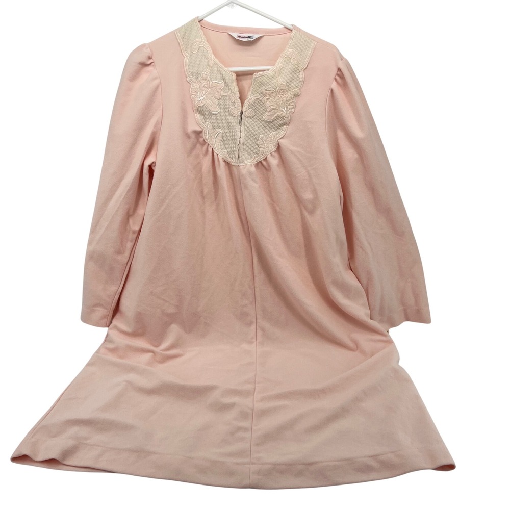 Shadowline Vintage Peach Velour Nightgown Lace Zip Front Long Sleeve Medium 1131